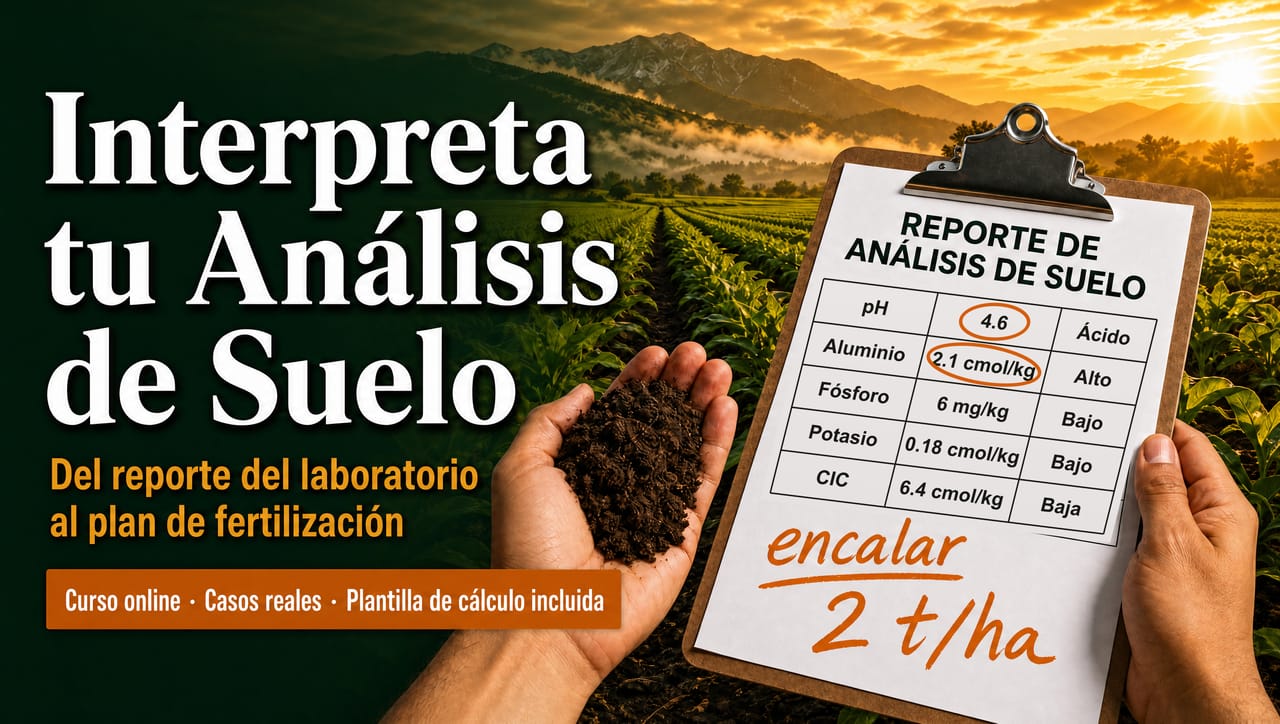 Portada del curso: un reporte de análisis de suelo anotado a mano con la decisión «encalar 2 t/ha», sobre un cultivo al amanecer